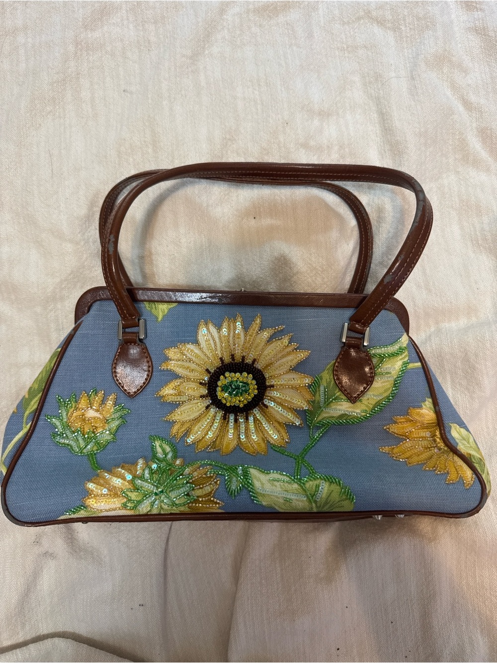 Sunflower Embroidered Blue Canvas Shoulder Bag with Brown Trim